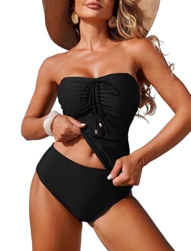 Image of ZAFUL Bandeau Tankini Swimsuits for Women Tummy Control Slim Fitted Swimwear Strapless 2 Piece Bathing Suit