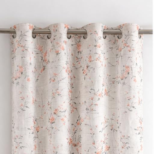 Image of THE LINEN COMPANY Cotton Sheer Printed Curtain for Window Bedroom and Living Roonm Home dcor Set of 2 (06 Feet,Coral Leaf)