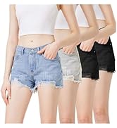 Liloak Womens Ripped Denim Jean Shorts Pack,Mid Waist Jean Shorts for Ladies，Frayed Raw Hem Casua...