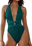 ZAFUL Women's One Piece Swimsuit Deep V Neck Ribbed Self Tie Sexy High Cut Bathing Suit Crisscross Back Swimwear Peacock Blue L