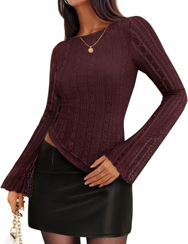 ZESICA Womens Lace Mesh Long Sleeve Shirts Fall Double Lined Boat Neck Slim Fit Asymmetrical Going Out Tops Date Night Outfit