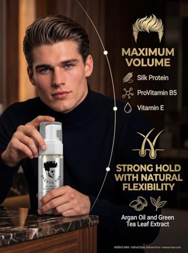 Image of Avenue Man Volume Lift Mousse - 5.07 oz Extreme Hold Hair Foam with Argan Oil, Silk Protein & Vitamin E for Strength, Thickness & Control - Styling Hair Mousse for Men - Alcohol & Paraben Free
