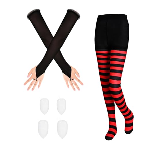 JcHrmers 4 Pcs Halloween Vampire Costume Accessories Include Stripe Gloves Pantyhose and Vampire Dentures for Women Halloween Character Dress Up
