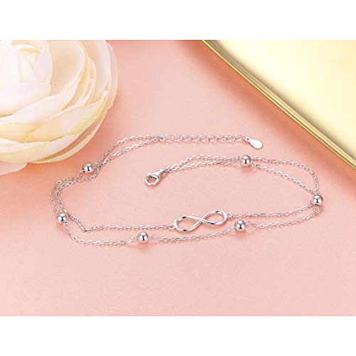 Image of Flyow Anklet for Women S925 Sterling Silver Adjustable Foot Beaded Heart Charm Ankle Bracelet Anklets Jewelry