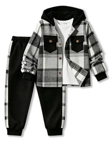 Image of Toddler Boy Clothes Plaid Hooded Shirt White T-shirt Top and Solid Color Pants 3Pcs Winter Boys Clothes