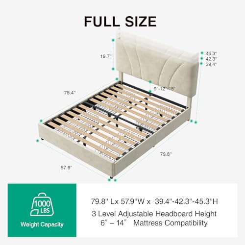 Image of Novilla Full Size Bed Frame with Drawers /Charging Station /LED Light, White