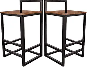 INDIAN DECOR. 45930 Barstools Set of 2 Bar Stool Chairs with Metal Low Backrest and Footrests, Easy Assembly, Industrial Vintage Style in Living Room, Kitchen, Party Room (Brown) - Made in India!