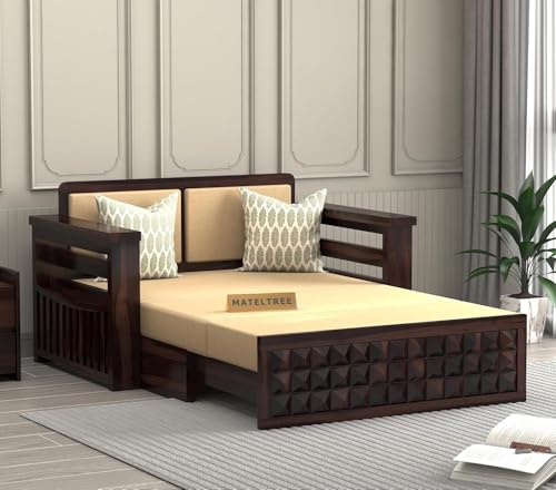 Image of Wooden Sofa Cum Bed | Sheesham Wood Sofa Bed for Living Room | Handmade Heavy Duty Foldable Sofa Cum Bed with Mattress Option | Traditional Modern Design (Allis Walnut)