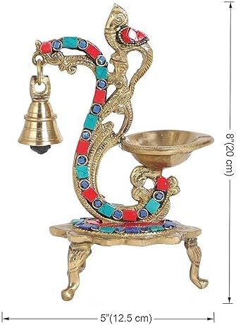 Work Ethnic Carved Peacock Design Brass Diya with Bell, Brass Antique Oil Lamp, Brass Diyas for Home, Size - 8 Inches