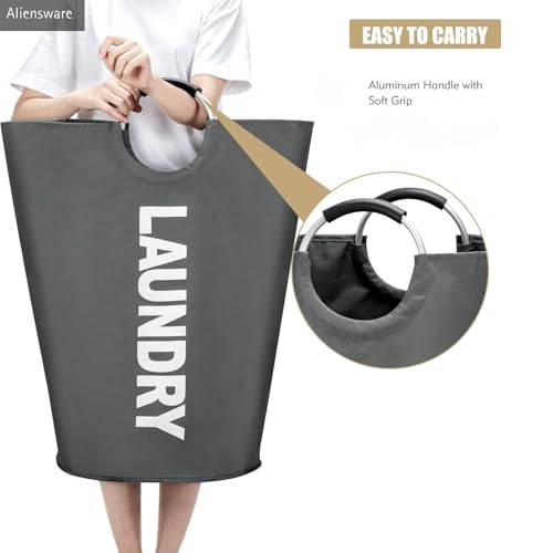 Image of Aliensware Laundry BasketXL 90L with aluminium Handles,Collapsible Laundry Bag Bin Hamper, Water Resistant Oxford cloth bag /Foldable /Clothes Storage Box /Storage Basket /Aliens-(79 X 38cm) Dark Grey