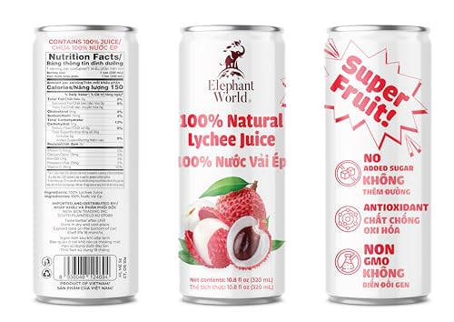 Image of Elephant World 100% Natural Lychee Juice | NON GMO | 10.8 oz (Pack of 6), Lychee