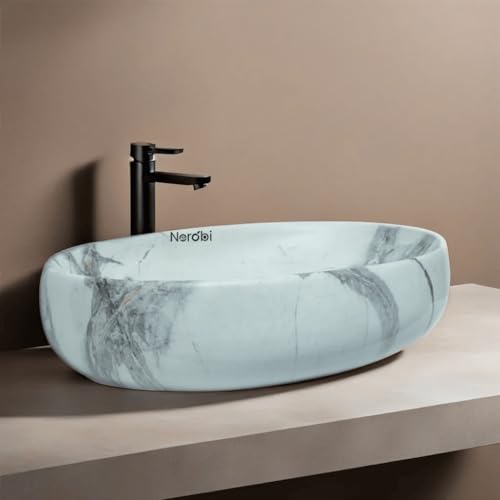 Image of Designer Counter Top Wash Basin | Tabletop Ceramic Bathroom Sink | Wash Basin Over Counter | Wash Basin For Bathroom, Living Room (24 x 15 x 6 Inch) (Designer White Grey)