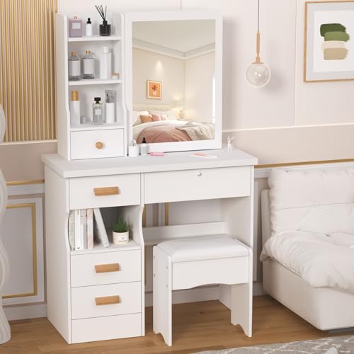 Karelwui Makeup Vanity Desk with 5 Drawers & Shelves, Sliding Mirror, White