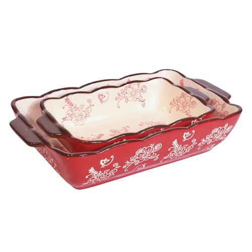 TUSIMI Rectangle Casserole Dish Porcelain Baking Dish Lasagna Baking Dish Cheese Serving Oven Bakeware Set of 2 Red