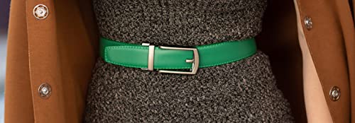 Leather Ratchet Belt for Women, Trim to Fit 18"- 44" Waist, Automatic Slide Buckle, No Holes, Gift Box (W726 Gunmetal/Forest Green 30mm width, Small)3