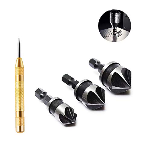 Countersink Drill Bit Set 3 PCS High Carbon Steel Universal 1/4 Hex Shank Countersink Drill Bit Set for Wood + Spring Loaded Automated Center Punch, Drill Accessories Carpenters Tools