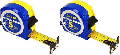 S&R Cinta Métrica 5,0 m x 25 mm, Profesional con cabeza magnética y banda en nylon (Paquete de 2)