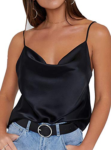 Yimeili Women Adjustable Spaghetti Straps Summer Tops Elegant Cowls Neck Sleeveless Top (L, Black)