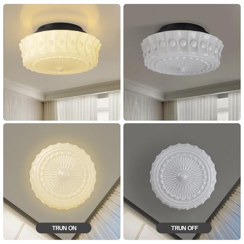 Image of White Milk Glass Ceiling Light Fixture, 13.8'' Flush Mount Lighting for Bedroom, Hallway, Kitchen & Dining Room, Vintage Mid Century Design, 4 LED Bulbs Included, Ideal for Modern Farmhouse