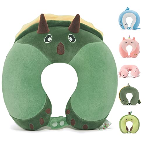 Image of Kids Travel Neck Pillow for Ages 3-8 with Memory Foam, Dinosaur | Removable cover, 13 in neck size, machine washable, hidden zipper, head and chin support, car seat and airplane use