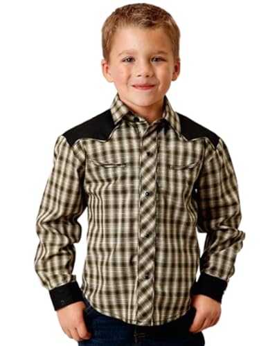 BOYS LONG SLEEVE SNAP OLIVE BLACK CREAM WINDOWPANE PLAID WESTERN SHIRT