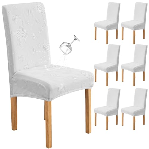 Image of Genina Waterproof Dining Chair Cover Set of 6,Kitchen Chair Cover,White | Stretch Dining Room Chair Slipcovers with Leaf Jacquard,Removable Kitchen Chair Protector for Home,Restaurant,Banquet