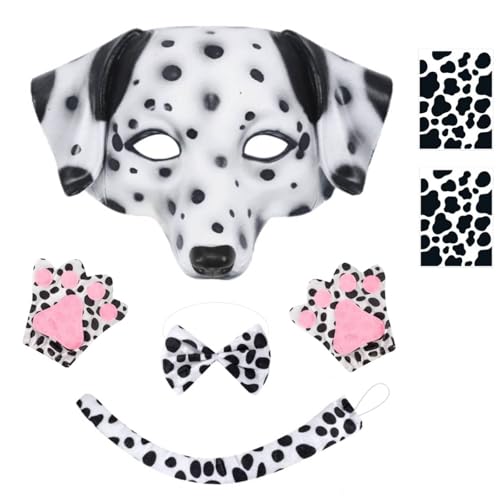 AUNGCSHE 5 Pezzi Cane Costumi Animali, Include Maschera da Animale, Fiocco, Coda, Tatuaggi, Guanti, Costumi Animali per Uomini Che per Donne per Carnevale, Halloween, Cosplay (Costume Dalmata)