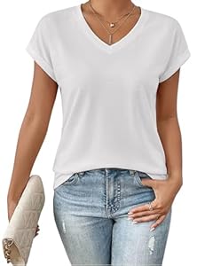Demegimi Tee Shirt Femme Col en V Coupe Ample Dissimule Le Ventre Haut Été Décontracté Chic Manche Courte T-Shirt Basique,Blanc,L