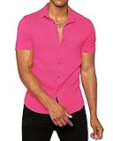 Runcati Mens Button Down Shirt Casual Short Sleeve Solid Color Hippie Yoga Plain Summer Beach Tops Pink