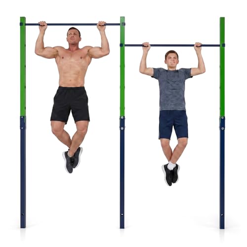 COSTWAY Outdoor In-Ground Pull Up Bar Station Heavy Duty Metal Chin Up Bar with 5 Adjustable Heights and 2/3 Ground Anchors Single/Double Free Standing Fitness Equipment (Navy+Green Double)