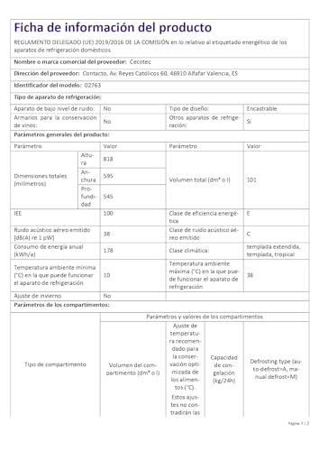 Cecotec Bolero Coolmarket TF BI 101 White E. Integrierbarer Mini-Gefrierschrank, 101 l, Display Touch und Fast Freezing, umkehrbare Tür, einstellbare Temperatur -14 °C bis -24 °C,