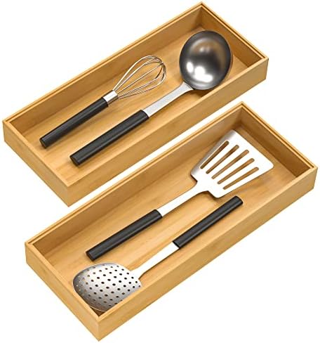 VeyFey Bamboo Drawer Organizer, Stackable Utensil Organizer for Kitchen, Bamboo Storage Box Wood Silverware Tray for Drawer 15" x 6" x 2" Set of 2