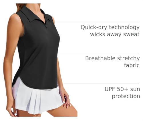 Image of PINSPARK Women Golf Shirts Sleeveless UPF 50+ Tennis Polo V-Neck Quick Dry Athletic T Shirt 1 /4 Zip Collar Workout Tank Top