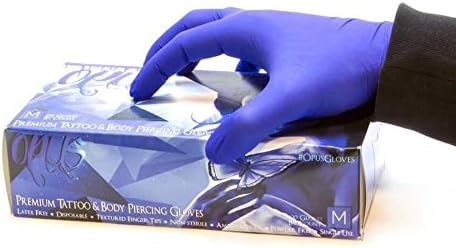 Opus Latex Free Gloves for Tattoo, Body Piercing and Other Procedures - Blue Nitrile, Box of 100, Medium
