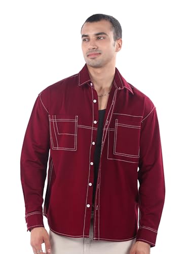 Image of Beyoung Cotton Contrast Stitch Relaxed Fit Shirt for Men | Dual Pockets | Full Sleeves | Casual Shirt
