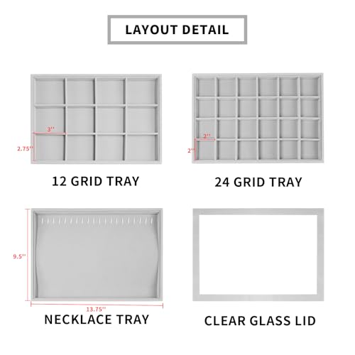 Image of Wudygirl Stackable Jewelry Tray Organizer with Lid Set of 4 Jewelry Organizer Drawer Insert Velvet Earring Necklace Ring Bracelet Organizer for Women Girls(Set of 4,Gray)