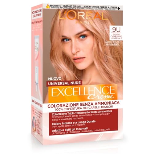 L’Oréal Paris Colorazione Permanente Excellence Universal Nude, Senza Ammoniaca, Con Riflesso Universale, Adatto a Tutti gli Incarnati, Colore Intenso a Lunga Tenuta, Biondo Chiariss 9u