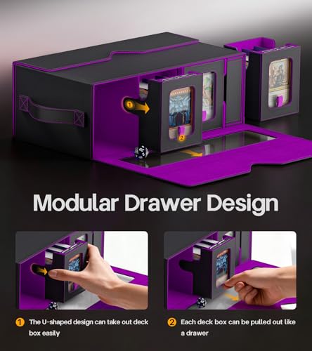 Image of Kabinka MTG Commander Deck Box, 6-Deck Modular Card Case with 100 PCS Card Sleeves, Dice Tray - Holds 600+ Double-Sleeved Cards, 35PT Magnetic Holders for TCG /EDH (Black Purple)