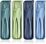 Juego de 4 cubiertos de plástico, Stnrst-In de plástico, cubiertos de viaje, cuchara, cuchillo, tenedor, palillos, estuche, cuchara y tenedor reutilizables portátiles para picnic, camping y exteriores