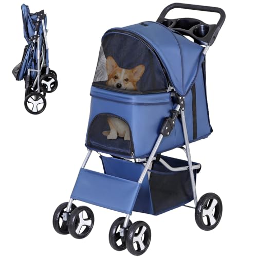 Image of ZENY Foldable Pet Stroller, Cat /Dog Stroller with 4 Wheel, Pet Travel Carrier Strolling Cart with Storage Basket, Cup Holder (Navy Blue)