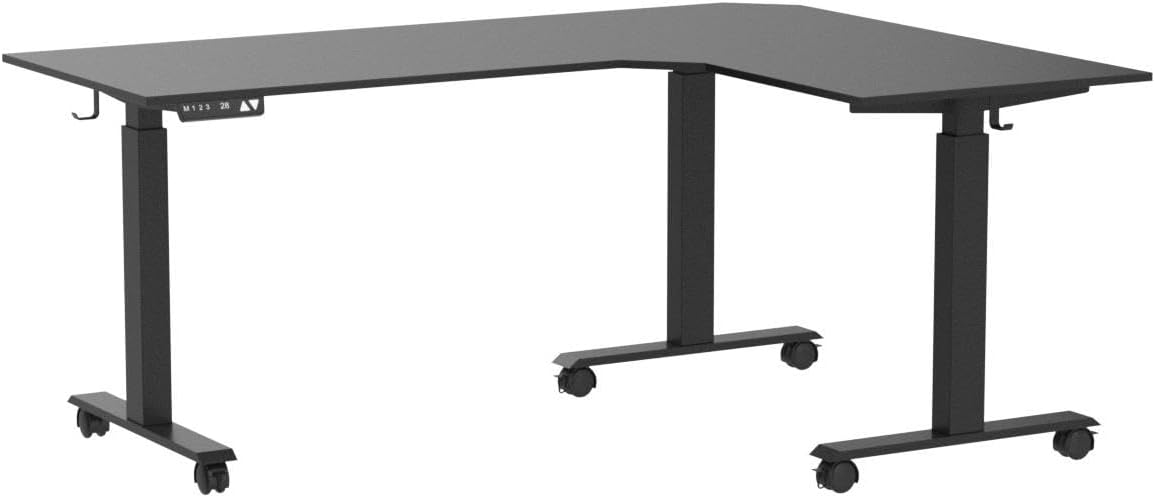 FEZIBO Triple Motor L-Shaped Electric Standing Desk, 63 Inches Height Adjustable Stand up Corner Desk, Sit Stand Workstation with Splice Board, Black Frame/Black Top