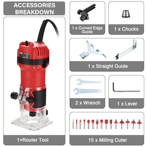 TEENO Compact Wood Router Tool, Electric Hand Wood Trimmer 800W 31000 RPM Hand Trim Router with 15 Pcs 1/4" Bits Set, Edge Guide, Roller Guide with Carrying Case 4 TEENO Compact Wood Router Tool, Electric Hand Wood Trimmer 800W 31000 RPM Hand Trim Router with 15 Pcs 1/4" Bits Set, Edge Guide, Roller Guide with Carrying Case - Image 4