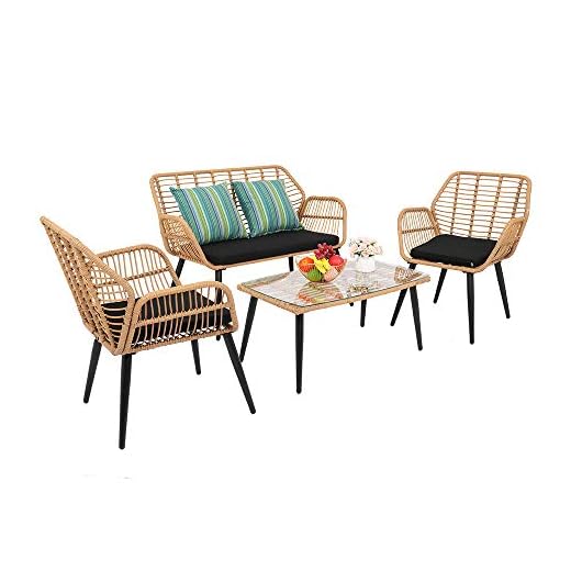 Alightup Salon de Jardin Exterieur en Resine Tressée 4 Meubles Résine Ensemble Table et Chaises Coussins d´Assise Amovibles 3 Canapé 1 Table en Verre Trempé Gain de Place Osier Tressé à la Main