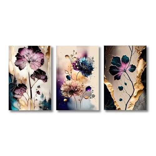 Tableau déco nature salon grand format 50x70 triptyque fleurs violet - 2