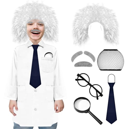 XonyiCos Kids Mad Scientist 9 Pcs Set With Wig 100th Day of School Old Man Albert Einstein Costume for 5-6 Years
