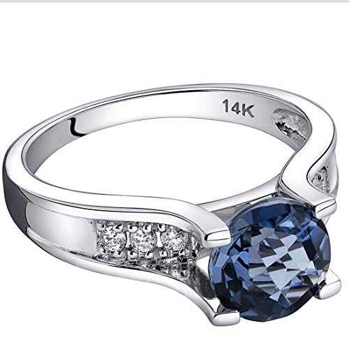 Peora London Blue Topaz And Diamond Ring In 14K White Gold, 2.25 Carats Total, Cathedral Design, Round Shape Solitaire Engagement, Round Shape, 8Mm, Comfort Fit, Size 7 #TOP2