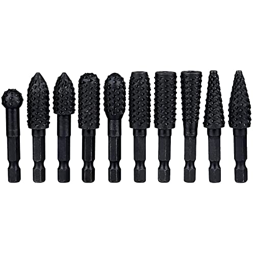 Gasea 10pcs 1/4 Shank Rotary File Drill Bits Wood Carving File Rasp Drill Bits Woodworking Tool
