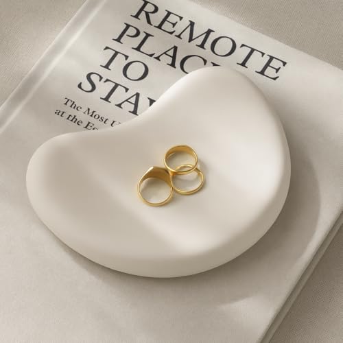 Concrete Trinket Tray for Jewellery Display | Bean Shaped White Tray for Rings, Earrings & Jewellery Photography Props | Aesthetic Home Decor Plate (White)