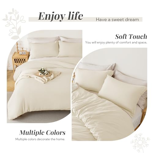 Image of MILDLY Duvet Cover 108 inchx98 inch Ultra Soft Comforter Cover Set 3pcs, Beige | Washed Microfiber Cotton-Like, Breathable Comfort, Hidden Zipper, 8 Corner Ties, OEKO-TEX Certified, Fade Resistant