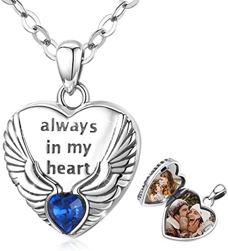 Eusense Locket Necklace Holds Pictures 925 Sterling Silver Heart Locket Necklaces Wing/Mother and Child/Tree of Life/Flower/Celtic/Eagle/Compass/Angel Wings Photo Necklace St Michael/Christopher (F-always in my heart)